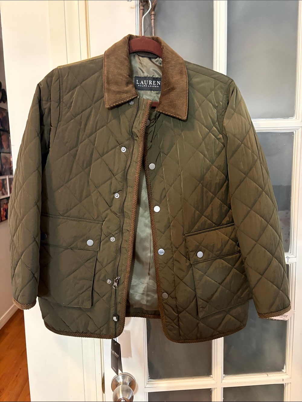 Lauren Ralph Lauren Olive Green Quilted Shirt Jacket with Brown Corduroy Collar